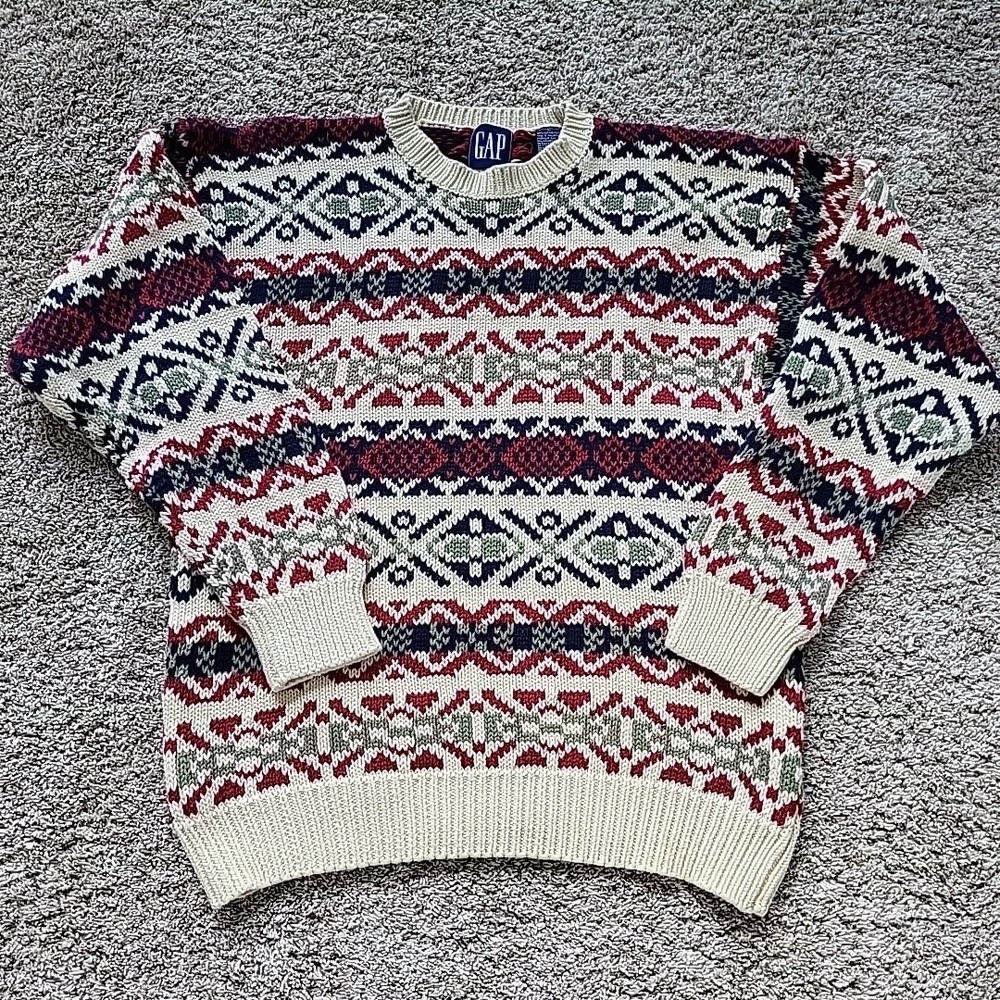 VINTAGE‎ Gap Cotton Knit Sweater M/L Fit Pullover Striped Abstract 90s Retro